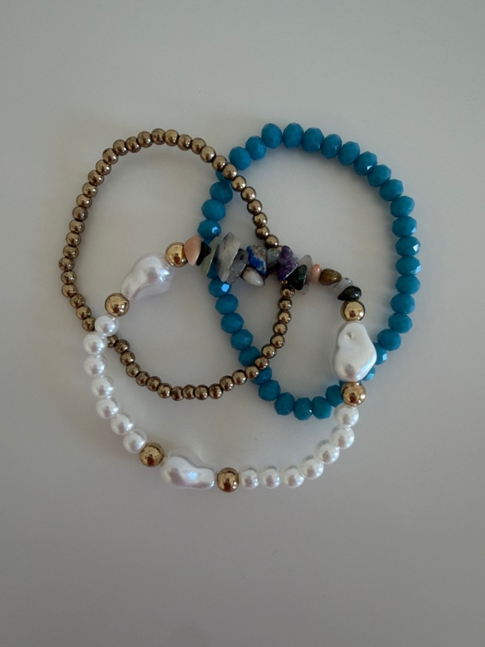 Handmade Teal, White & Gold Bead Stretch Bracelet Set